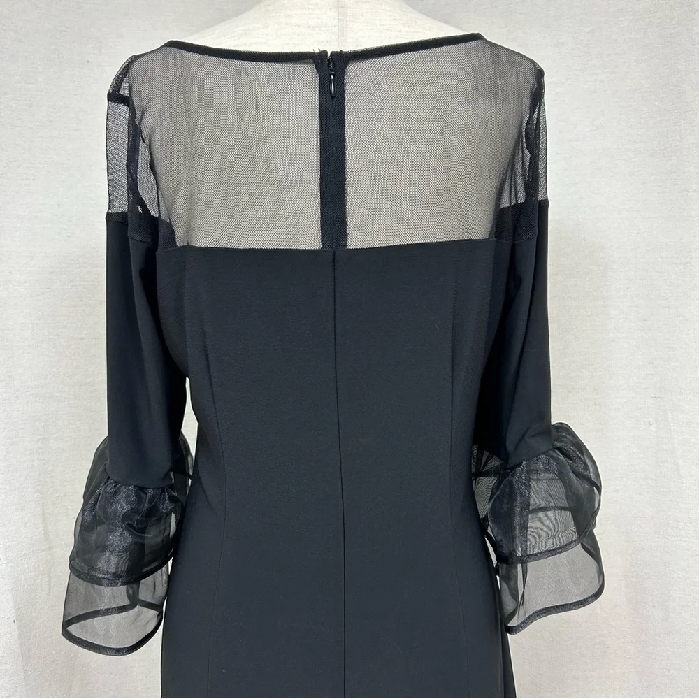 MARINA Black Illusion Yoke Bell Sleeve Sheath Dress Size 10